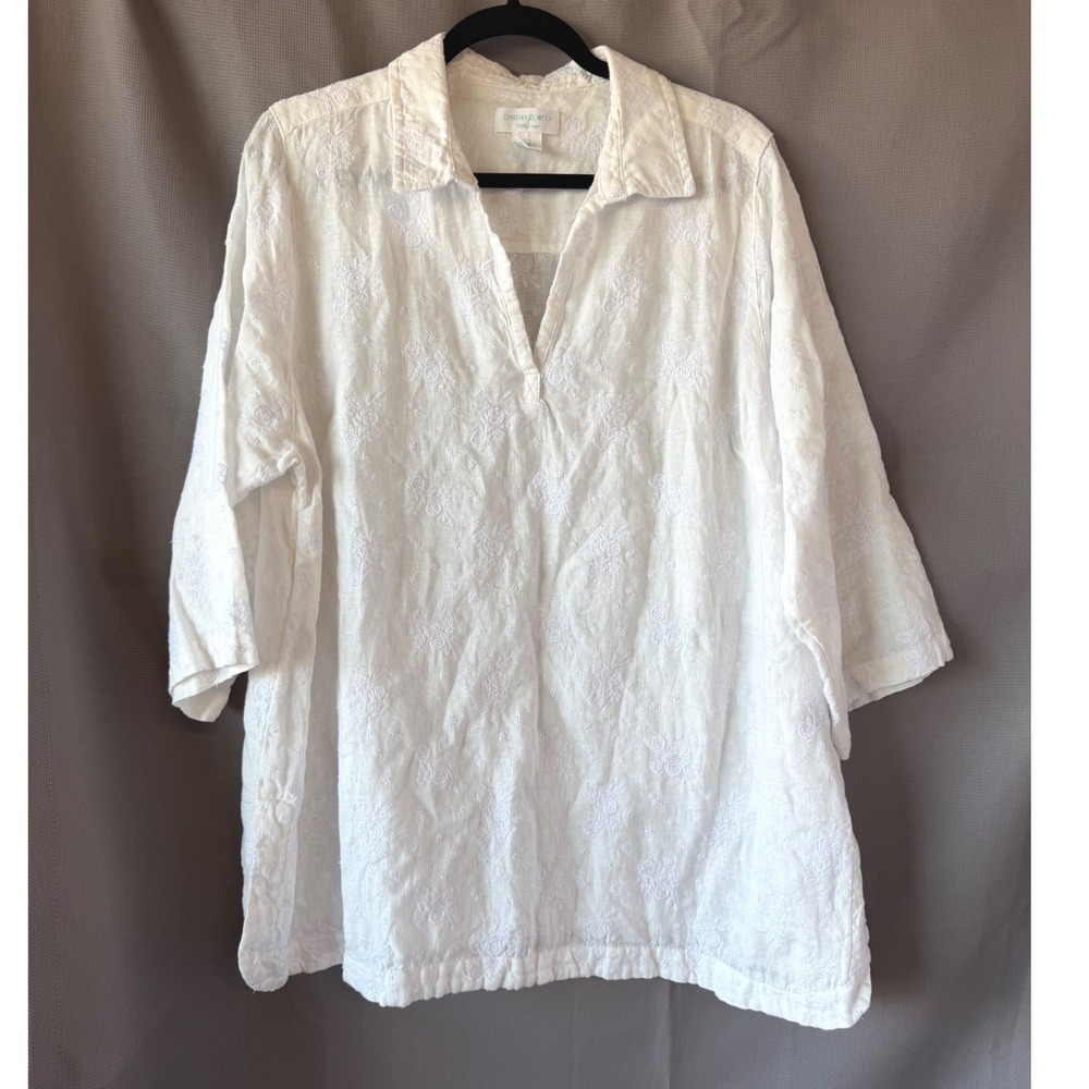 100% Linen Cynthia Rowley Coastal Beach Tunic White Floral Embroidered V-Neck 1X